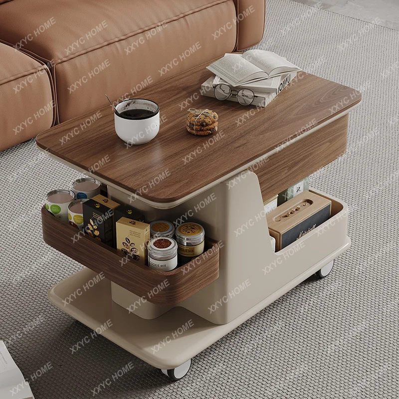 ML Multi-functional mobile sofa side table can be lifted solid wood coffee table modern simple medieval style