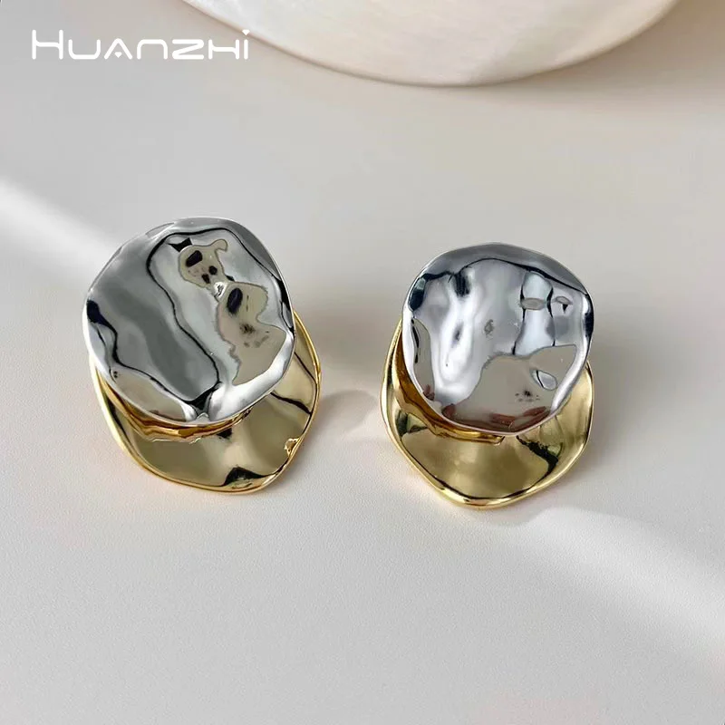 HUANZHI Gold Color Geometric Round Corrugated Stud Earrings for Women Girl Detachable Big Smooth Metal Stylish Jewelry 2023 New