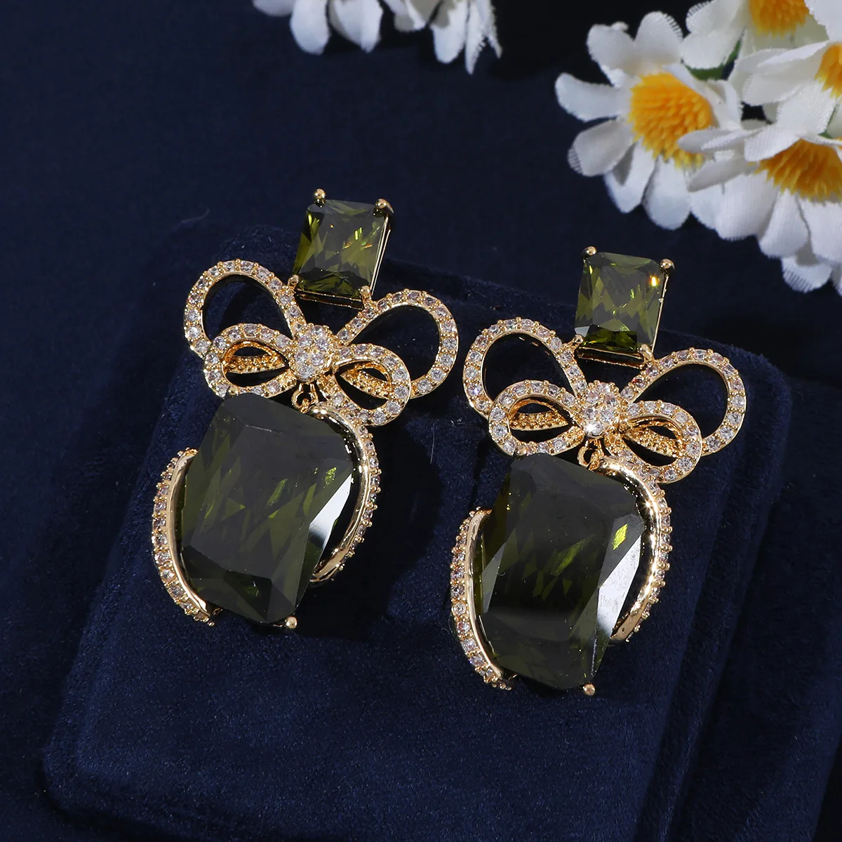 Light Luxury Bow‑Knot Full Paved Long Drop Earrings With Giant Square Cubic Zirconia Main Stone Trendy Exquisite Party Jewelry G