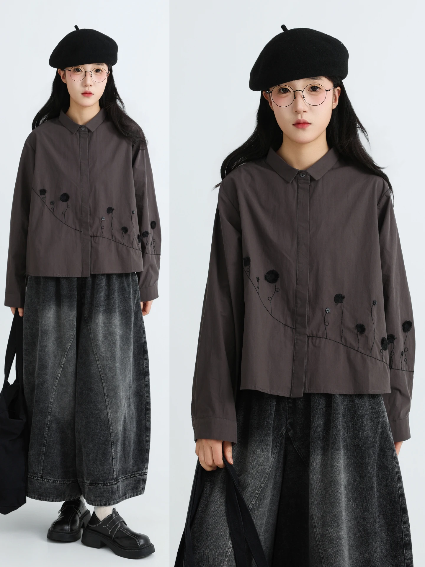 

Boeren Long Sleeve Embroidered Shirt Women Summer Unique Design Floral Button up Cotton Loose Fit Commute Style Chinese Made