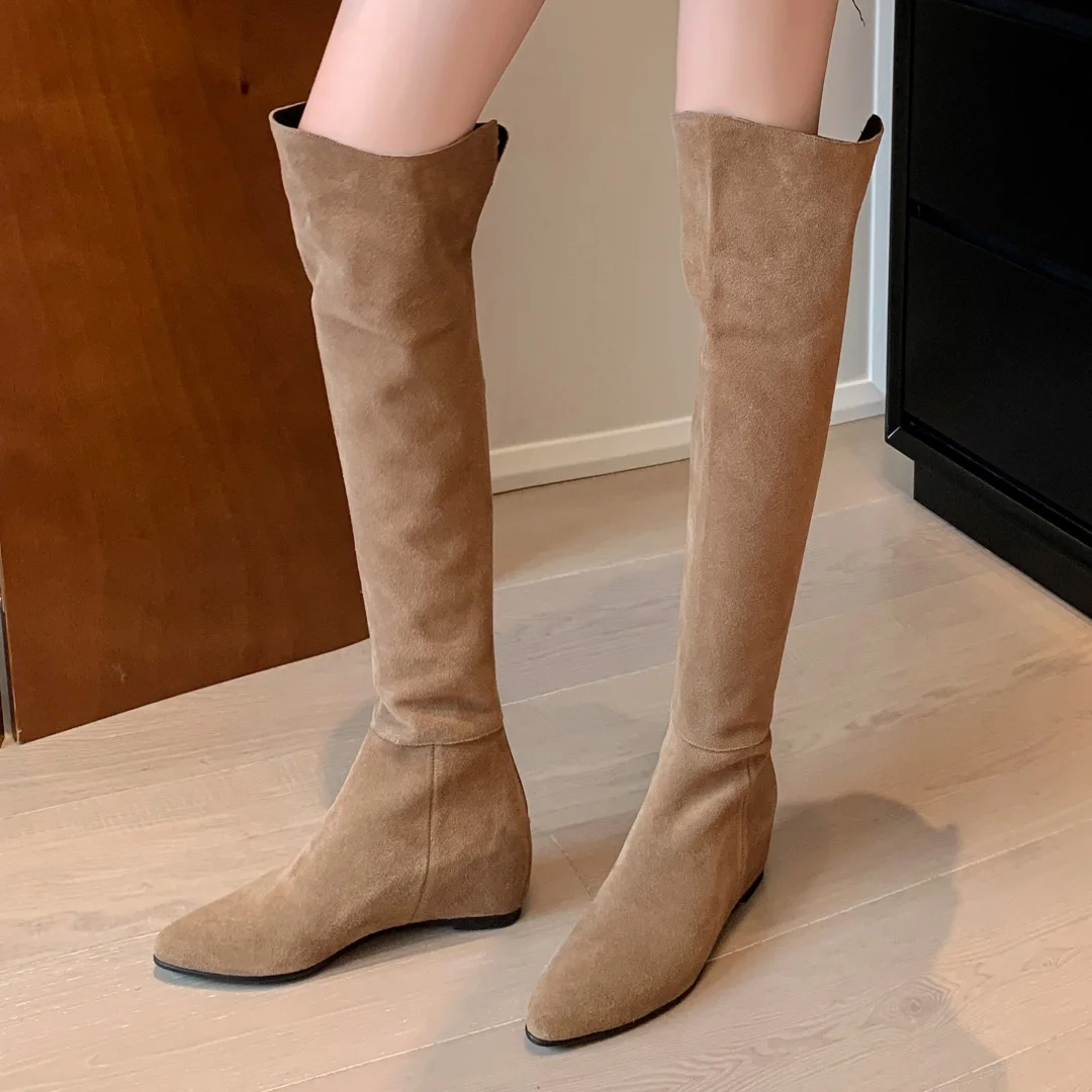 Women's natural suede leather Internal elevation wedge pointed toe side zip slip-on over the knee boots black slim long boots