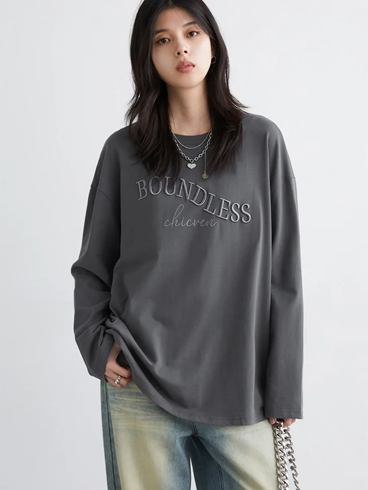 เสื้อสเวตเชิ้ตผู้หญิง CHIC VEN ทรงหลวม สไตล์ลำลอง แขนยาว ปักลายตัวอักษร ผ้าฝ้าย เสื้อคลุมผู้หญิง สำหรับฤดูใบไม้ผลิและฤดูใบไม้ร่วง ปี 2025