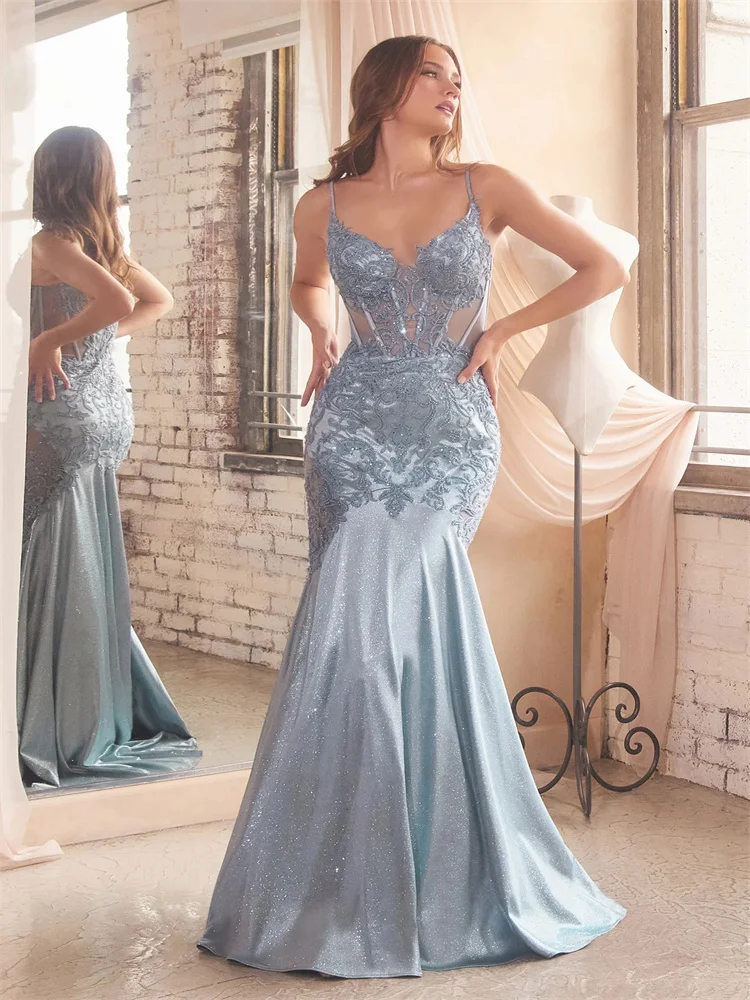 New Sleeveless V-Neck Bodice Mermaid Stretch Satin Prom Dress Elegant Open Back Zipper Floor Length Sweep Train Gowns for Women