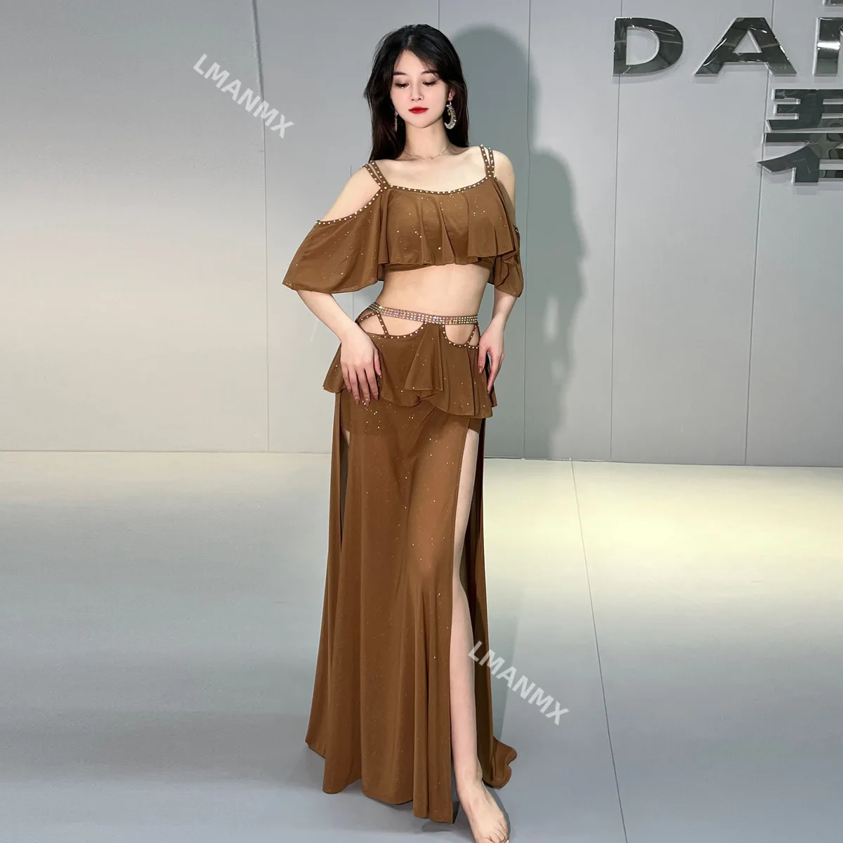 

Belly Dance Clothing 2023 New Autumn Winter Mesh Short Sleeves Top+long Skirt 2pcs Oriental Training Suit Women Bellydance Set