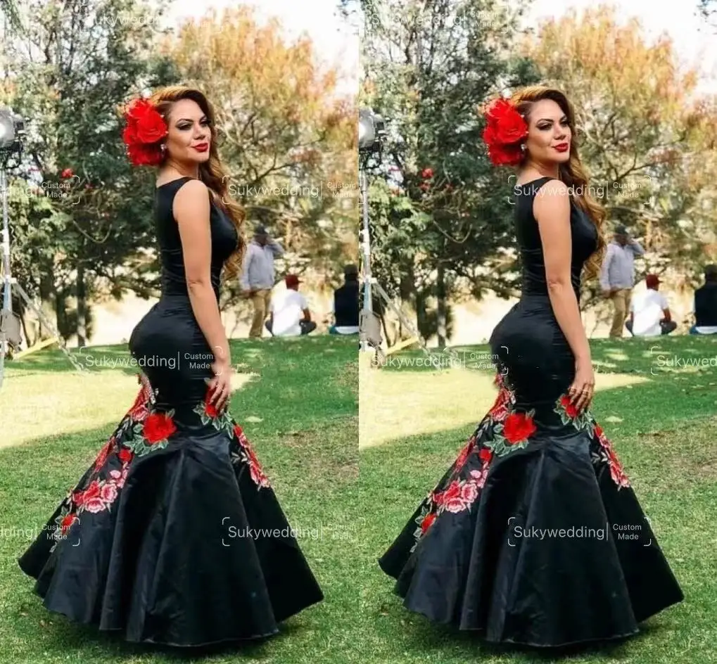 Black  Floral Embroidery Mermaid Prom Occasion Dresses Mexican Charro Bateau Zipper Evening Graduation Gowns Customized