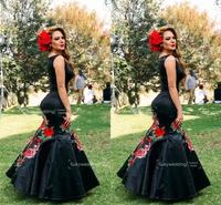 Black  Floral Embroidery Mermaid Prom Occasion Dresses Mexican Charro Bateau Zipper Evening Graduation Gowns Customized