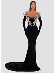 Women Summer Sexy Off Shoulder Diamonds Black Rhinestone Maxi Long Bodycon Dress 2024 Elegant Evening Party Club Dress Vestido