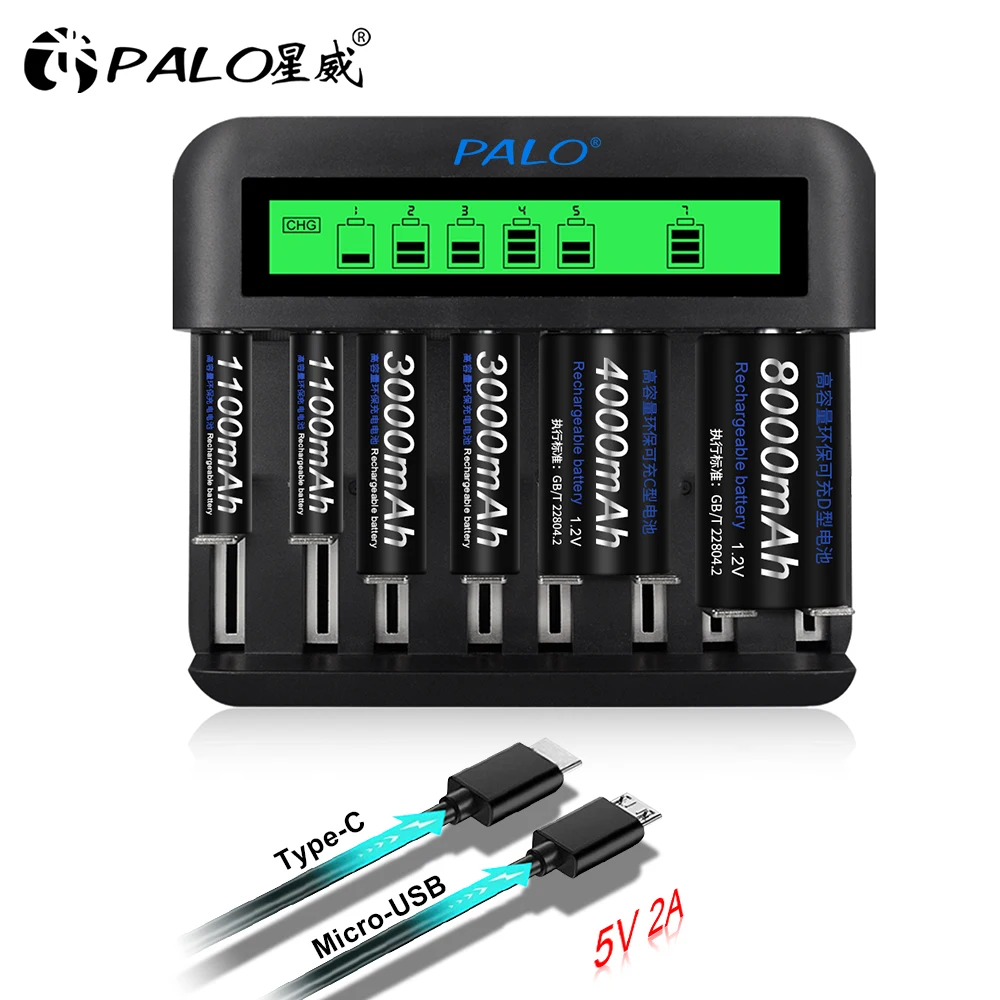 PALO 4-12pcs 1.2V D Size Rechargeable Battery 8000mAh LR20 R20 Ni-MH Batteries Type D Battery with 8 slots LCD Smart Charger