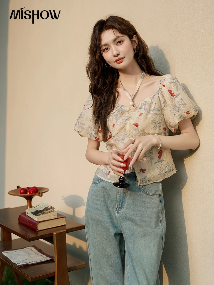 MISHOW Chic French Short Sleeve Blouses 2024 Summer Bubble Sleeve Elastic Square Collar Shirts Embroidered Flower Top MXD22X1395