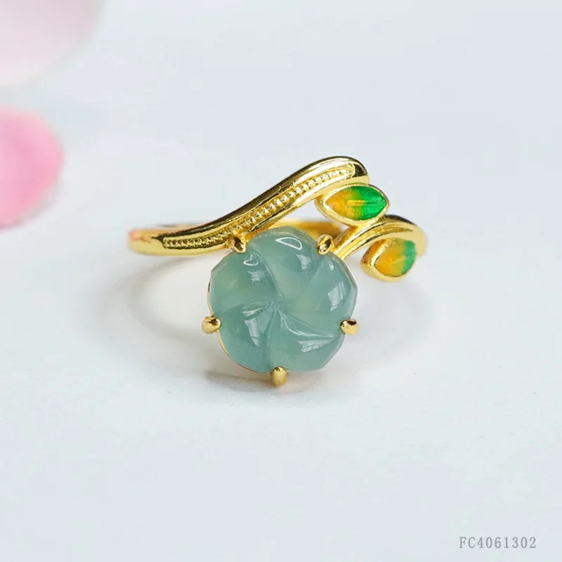 

Натуральное кольцо с голубым водным жадеитом и цветочным принтом класса А, винтажный стиль, женские ювелирные изделия, подарок на праздник