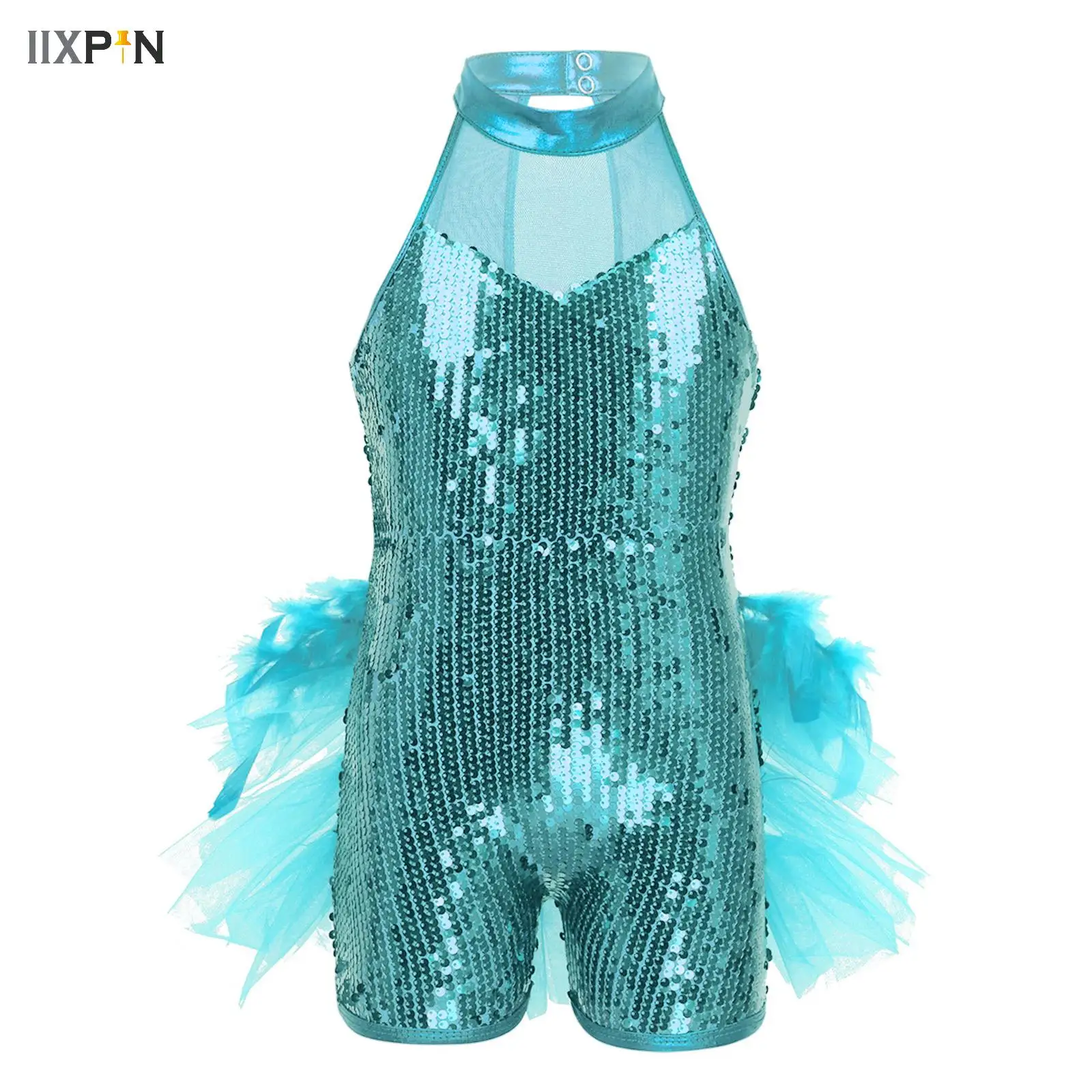 

Girls Sequins Ballet Dance Leotard Jazz Latin Jumpsuit Kids Sleeveless Mock Neck Shiny Dance Performance Feather Costumes