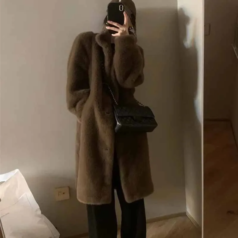 Ladies Fashion Stand Collar Mink Plush Outwear Women Leisure Long Sleeves Thicken Fur Coat Winter Female Long Faux Fur Jacket