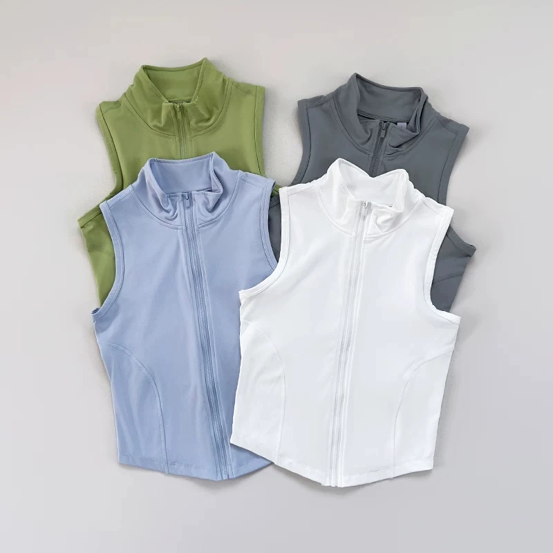 Women Zip Up Stand Collar Yoga Vest Sleeveless Sports Tank Top Slim Fit Workout Fitness Running Crop Top