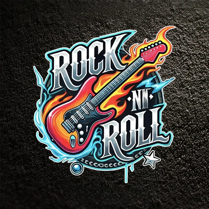 1Pc Rock N Roll Guitar Flame Vinyl Sticker Waterproof Decal Car Motorcycle Helmet Bike Laptop Decor