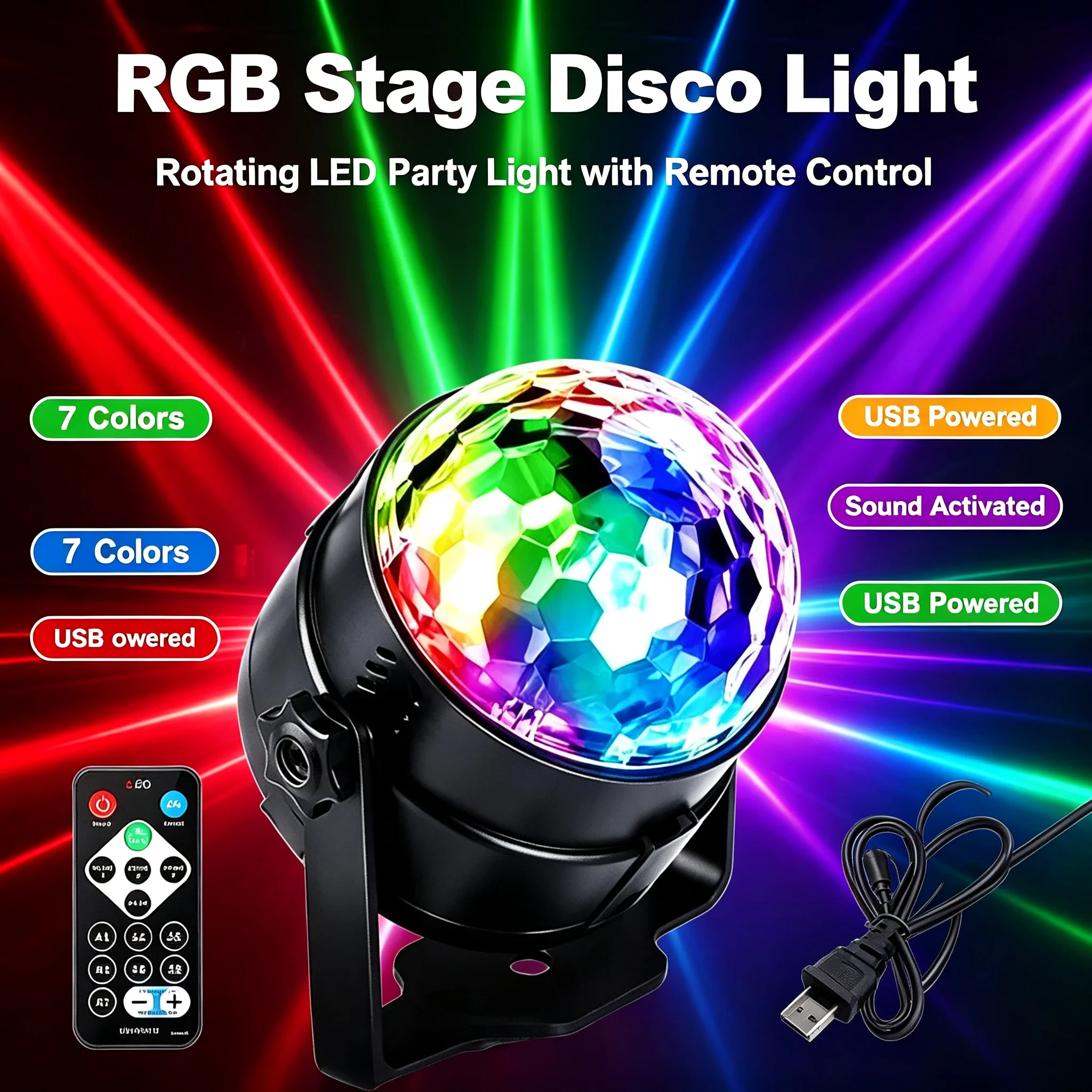 RGB Disco Ball Light, Sound Activated Rotating Party Stage Lamp with Remote