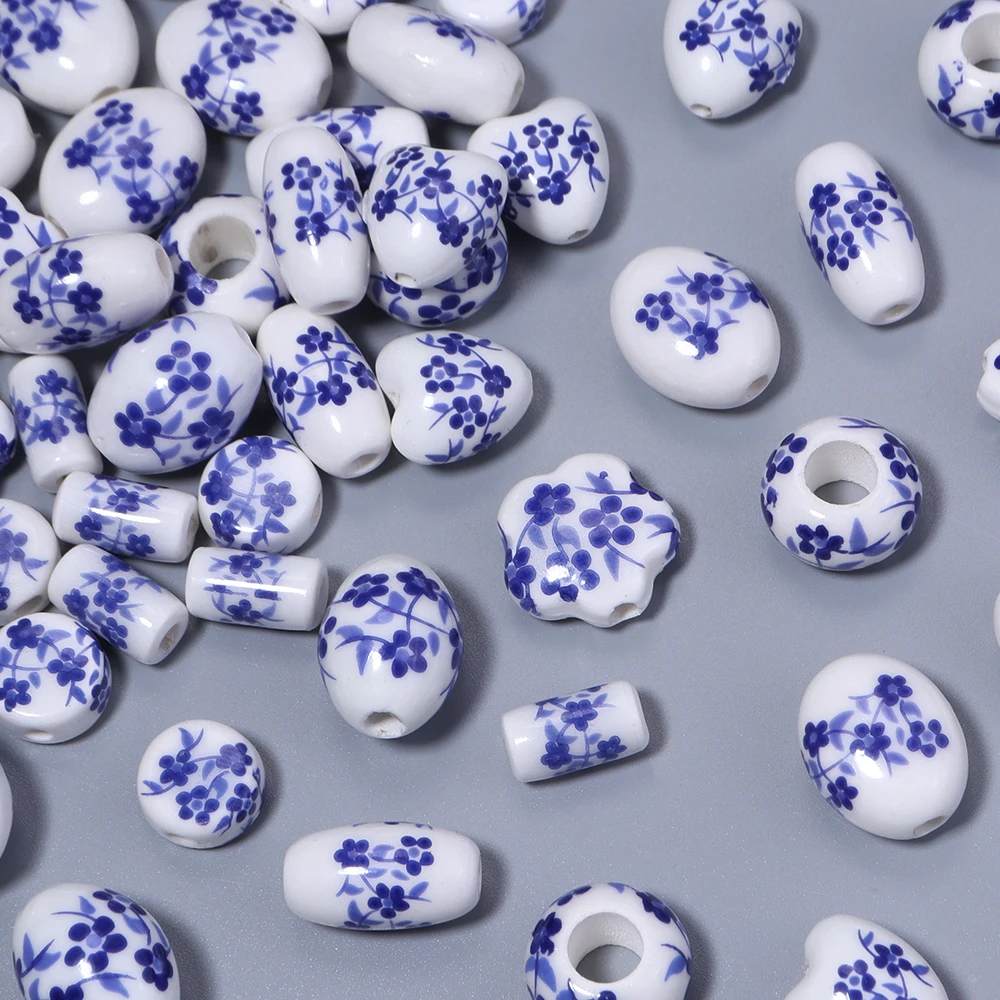 10 Stück Blumen-Keramikperlen, blaues Porzellan, lose Abstandshalterperlen, Pflaumenblüten-Blumenperlen für die Schmuckherstellung, DIY-Armbänder, Halsketten – Detail 4