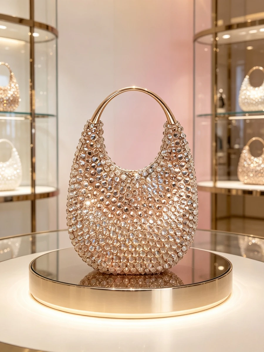

Champagne Full Crystal Metal Ring Moon Shape Handheld Clutch Luxury Minimalist Evening Bag For Middle Aged Women Wedding Party