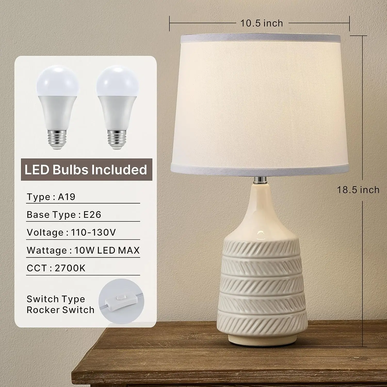 Set of 2 White Ceramic Table Lamps, 18.5" Modern Bedside Lamps for Night Stands, Farmhouse Decor with LED Bulbs view 2