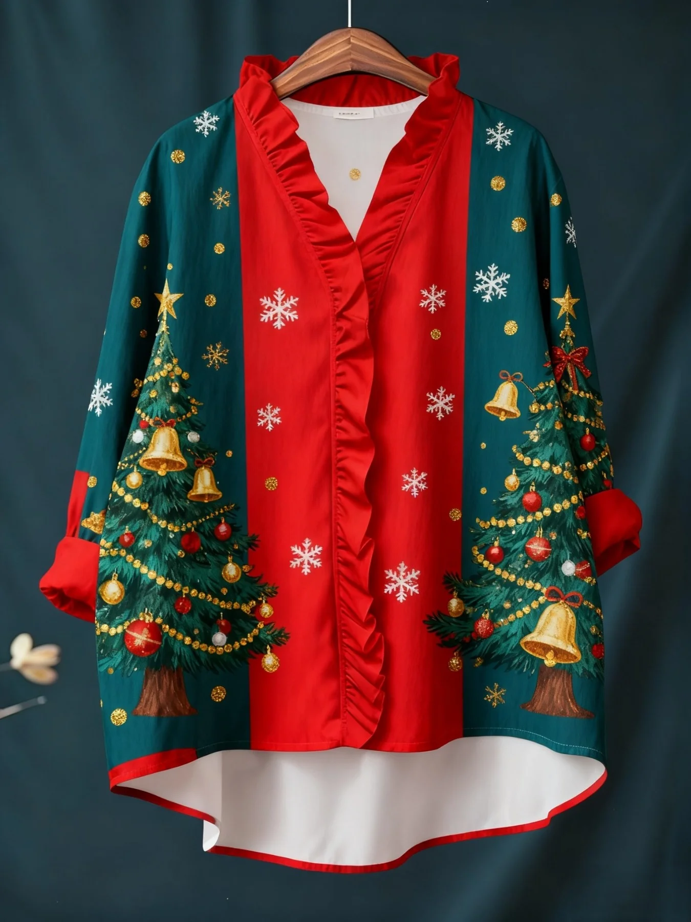 

2026 new women's Christmas digital printed long sleeved shirt with ruffled collar, Versatile beach and everyday wear