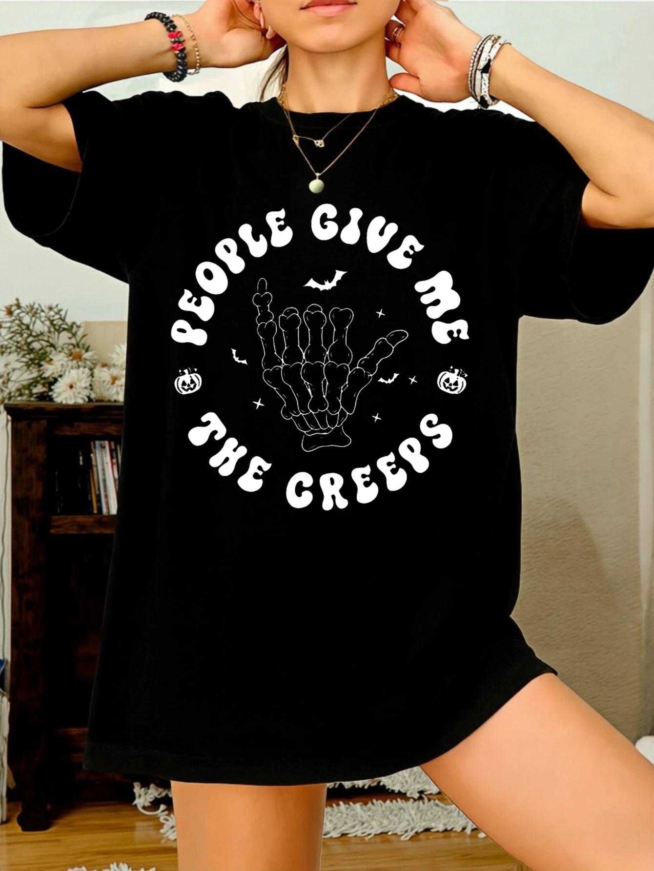 

Women T Shirts Streetwear Funny Graphic 'People Give Me The Creeps' Oversized Cotton Summer Tshirt Gift for Her