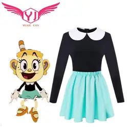 Anime The Cuphead Show! Ms.Chalice Cosplay Costume Adult Women Children Kids Outfits Suits Black Top Green JK Skirt Halloween