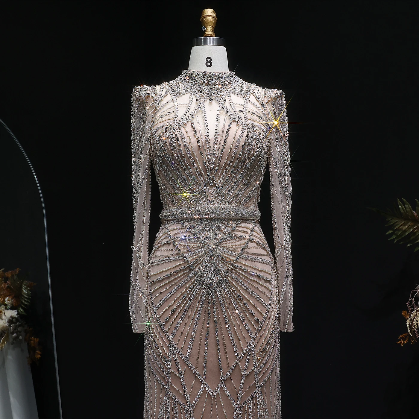 Sharon Said Luxuriöses Weinrotes Abendkleid mit Perlen-Kristall-Verzierung Elegantes Champagner-Festkleid für Damen SS186 Maßanfertigung – Detail 6