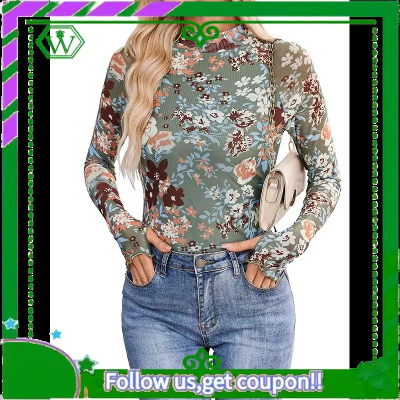 A18P-Ladies Lace Long Sleeve Floral Mesh Stand Collar Outing Top
