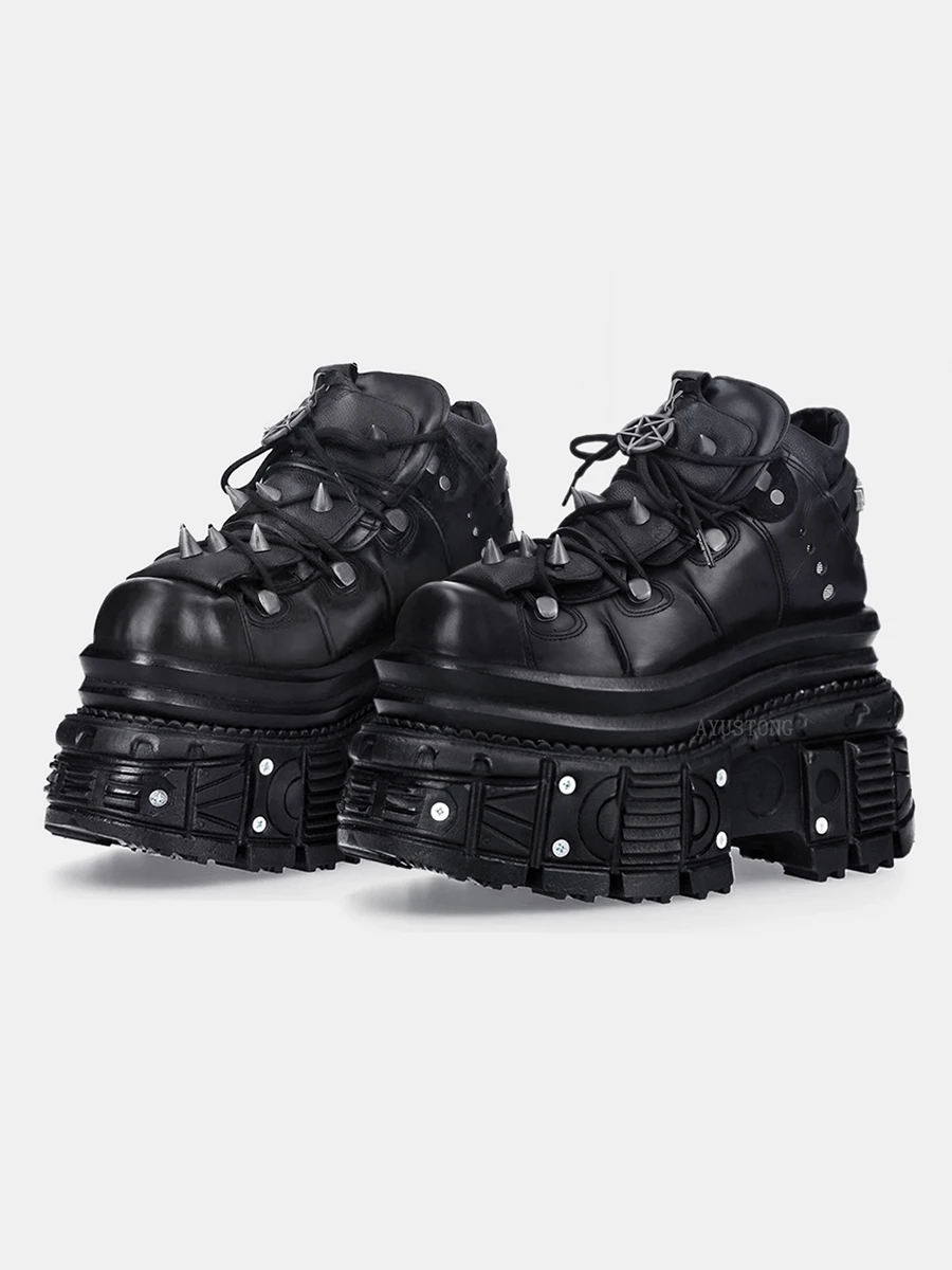

Spanish Trendy Rivet Heavy Metal Platform Heightening High-top Men and Women Punk Small Leather Goth Dark Motorcycle Boots 11cm
