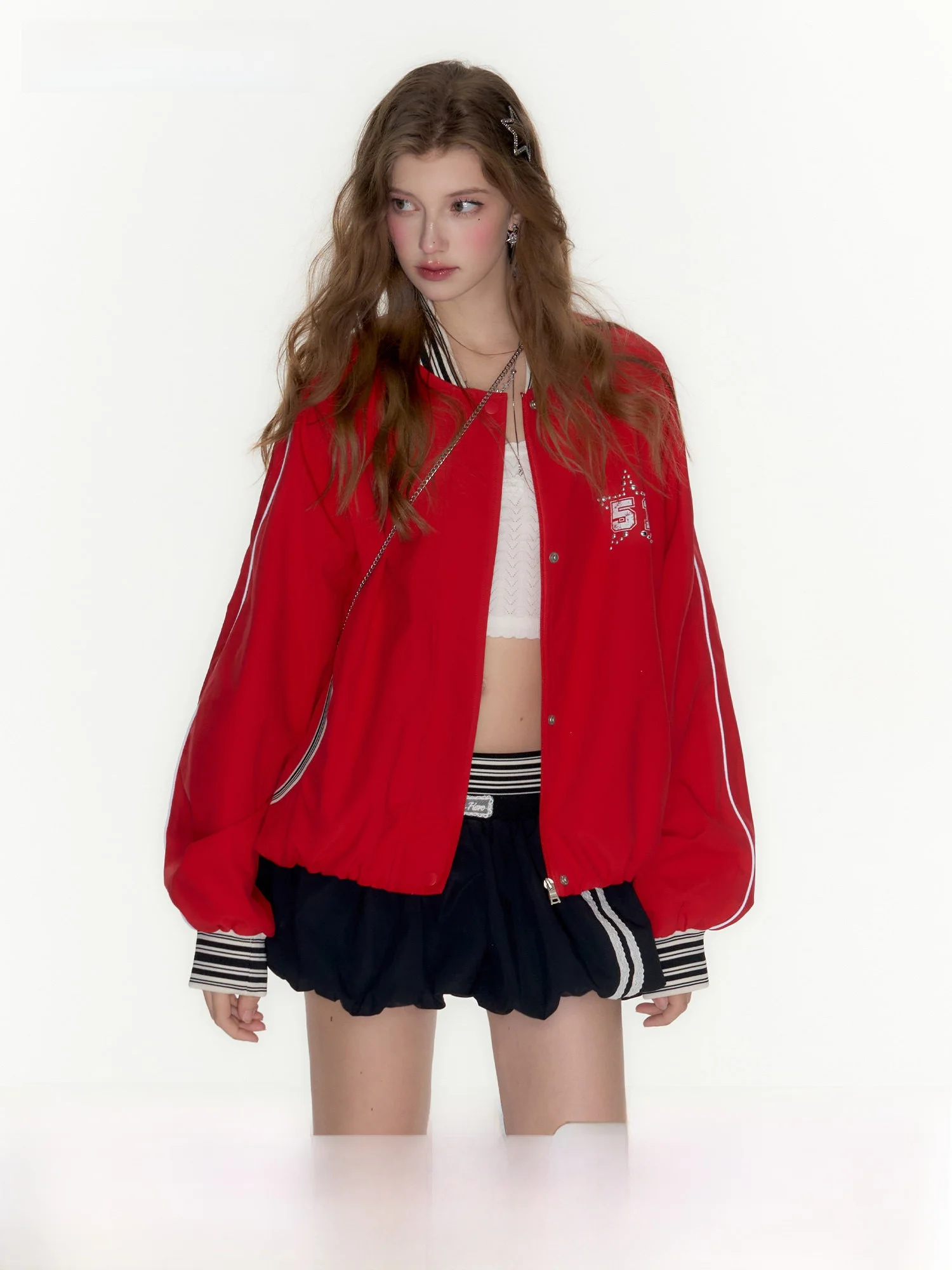 Guukahero Red Stripe Color Block Baseball Jacket Women Casual Loose Sport Coat Polyester Nylon Composite Fiber Long Sleeve Zi...
