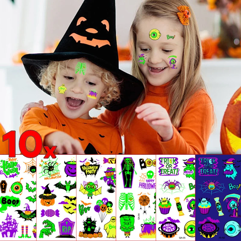 Luminous Children's Halloween Temporary Tattoo Stickers 10Pc Waterproof Pumpkin Night Glow Face Arm Body Art Fake Tattoo Sticker