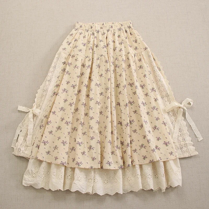 Spring Sweet Mori Giral Lace Bandage Stitched Floral Print Skirt Women Elastic Waist Casual Double Layer Cotton Pleated Skirts