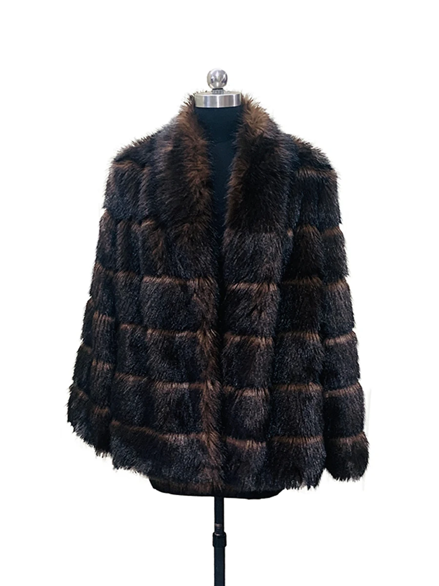 Nerazzurri Autumn Winter Thick Warm Striped Faux Sable Fur Coat Women with Deep V Neck Elegant Luxury Fluffy Jacket 2026