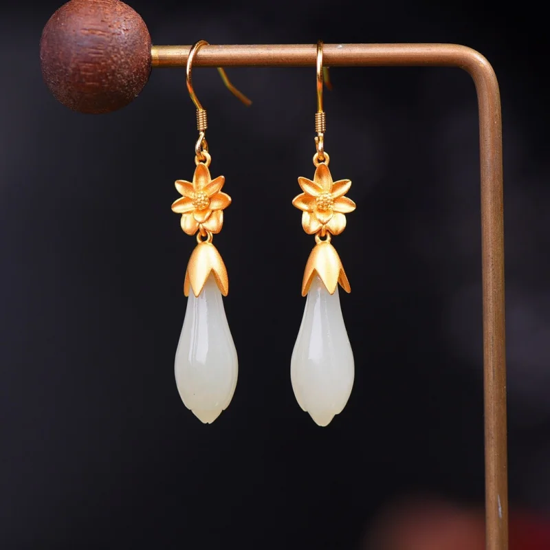

S925 Silver Inlaid Hetian Jade Magnolia Eardrops Flower Earrings Women