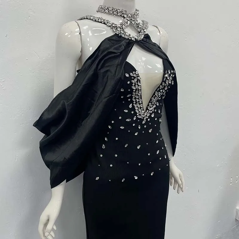 Modieuze sexy bodycon-jurk met zwarte pailletten en riem Trendy strakke wikkeljurk Nieuwe collectie avondjurk voor dames