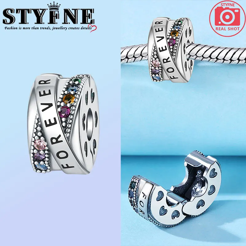 925 Sterling Silver FOREVER Colourful Zirconia Positioning Buckle Unlimited with Hearts Love Fits DIY Bracelet & Bangle Jewelry