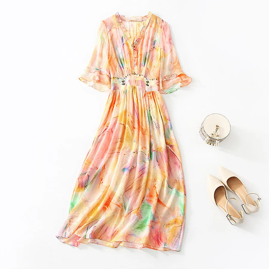 

Birdsky, 1PC Women dress V neck rainbow ruffles beading waist 100% real mulberry silk print, S-683