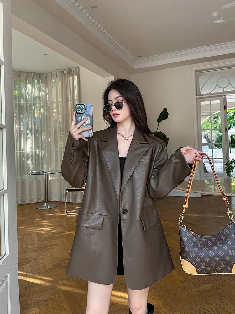معطف نسائي من الجلد الصناعي من بينجو لربيع وخريف 2026، معطف كاجوال أنيق جديد بأكمام طويلة