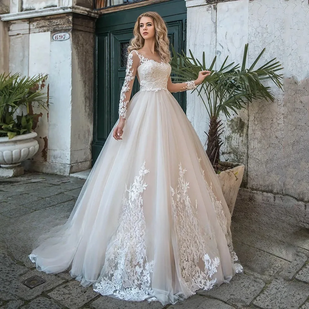 

Classic A-line Wedding Dress Illusion Long Sleeve Scoop Neck Beading Applique Sweep Train Bridal Gown for Bride vestido de novia