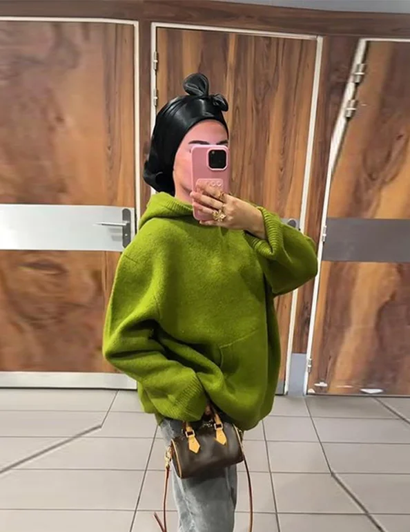 Soft Solid Knit Hooded Loose Sweater Slouchy Long Sleeve Drop Shoulder Pocketed 2025 Autumn Cozy Women Top Casual Lady Jumper