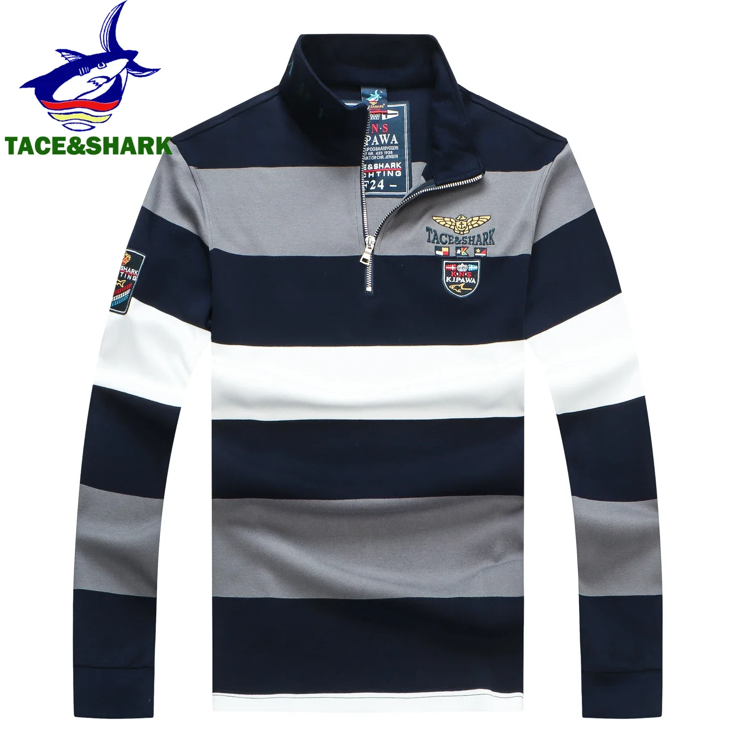 TACE&SHARK Fashion Long Sleeves Knitted Wear Casual Men Brand Sweater Stand Collar Striped Pullovers
