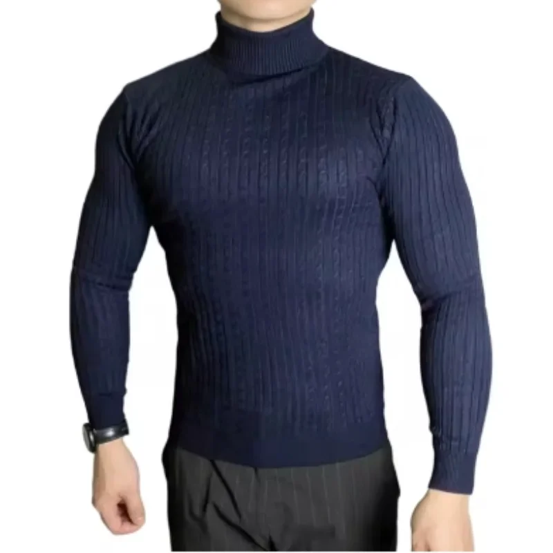 2024 New Men's Autumn and Winter High-end Long Sleeved Solid Color Knitted Sweater Breathable High Neck Pullover