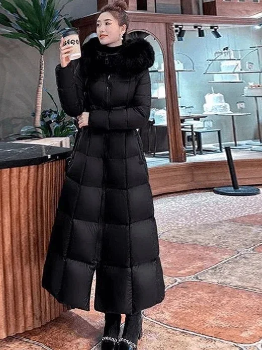 2025 Cappotto lungo da piumino in cotone da donna alla moda invernale nuova da pendolare a vita alta slim fit con cappuccio