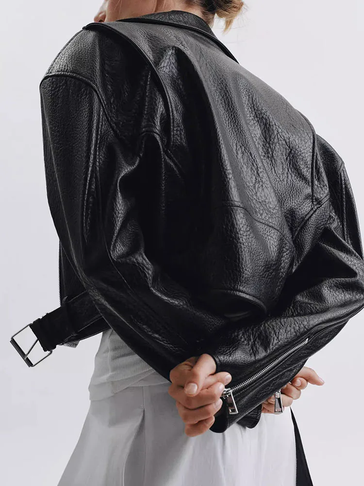 Spring New Arrival Women's Long Sleeve Lapel Faux Leather Motorcycle Style Jacket Outerwear Casual Standard Fit Zipper Closure
