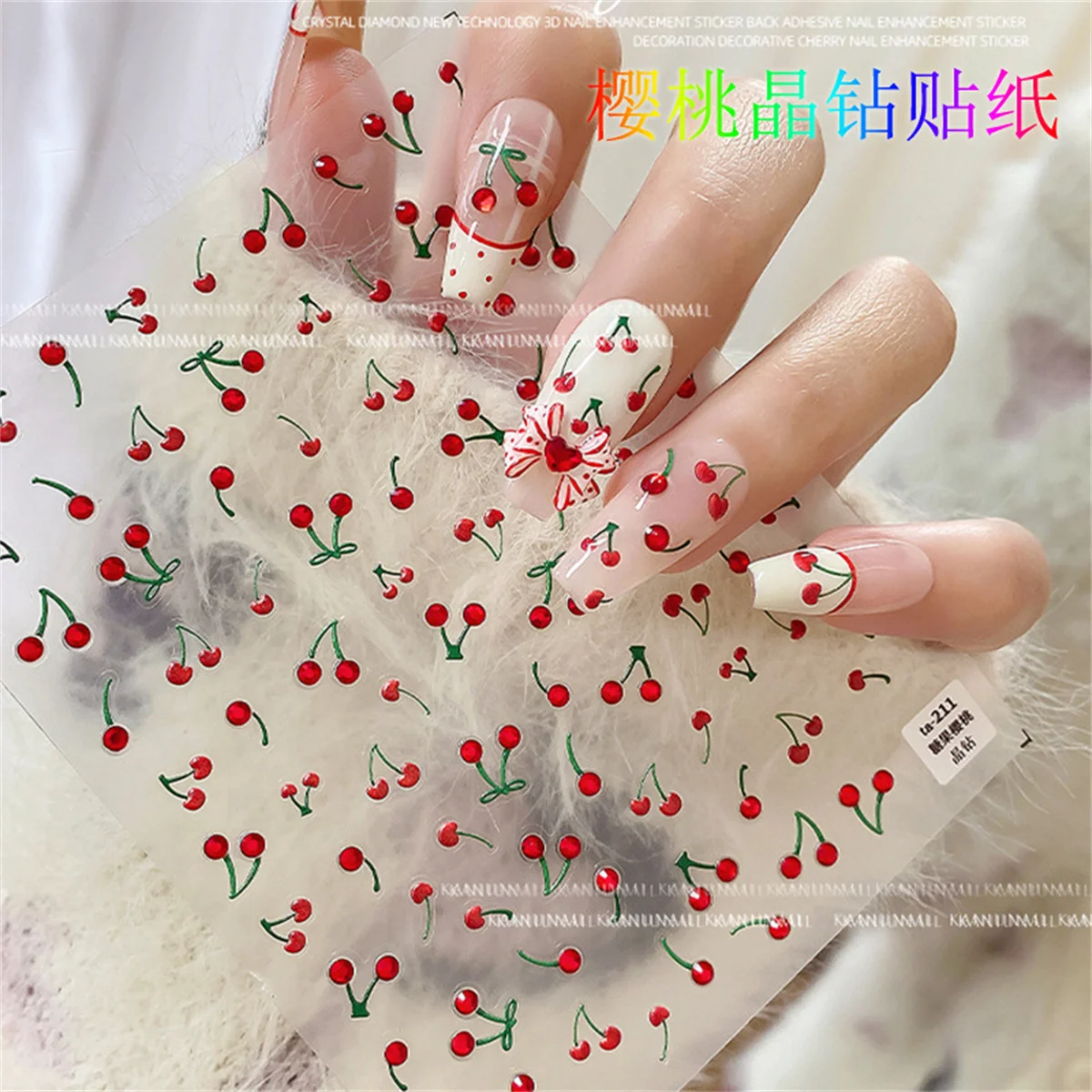 1 sztuk 5D luksusowe czerwone różowe żółte wiśniowe naklejki do paznokci słodkie Kawaii owoce ozdoby do paznokci naklejki samoprzylepny suwak transferowy DIY