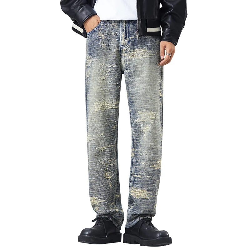 Trendy straight  loose American retro casual wide leg pants men jeans for men denim baggy jeans scratched ripped jeans