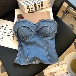 Vintage Denim Bustier Top 2025 - Corset-Style Waist Summer Lace-Up Sultry Bralette Cropped Casual Wear