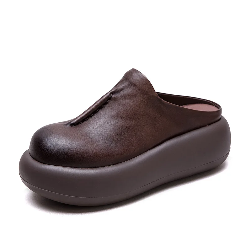 

5,5 см тапочки на танкетке из коровьей кожи на платформе с круглым носком, модные сандалии на плоской подошве, женские летние черные удобные этнические женские туфли