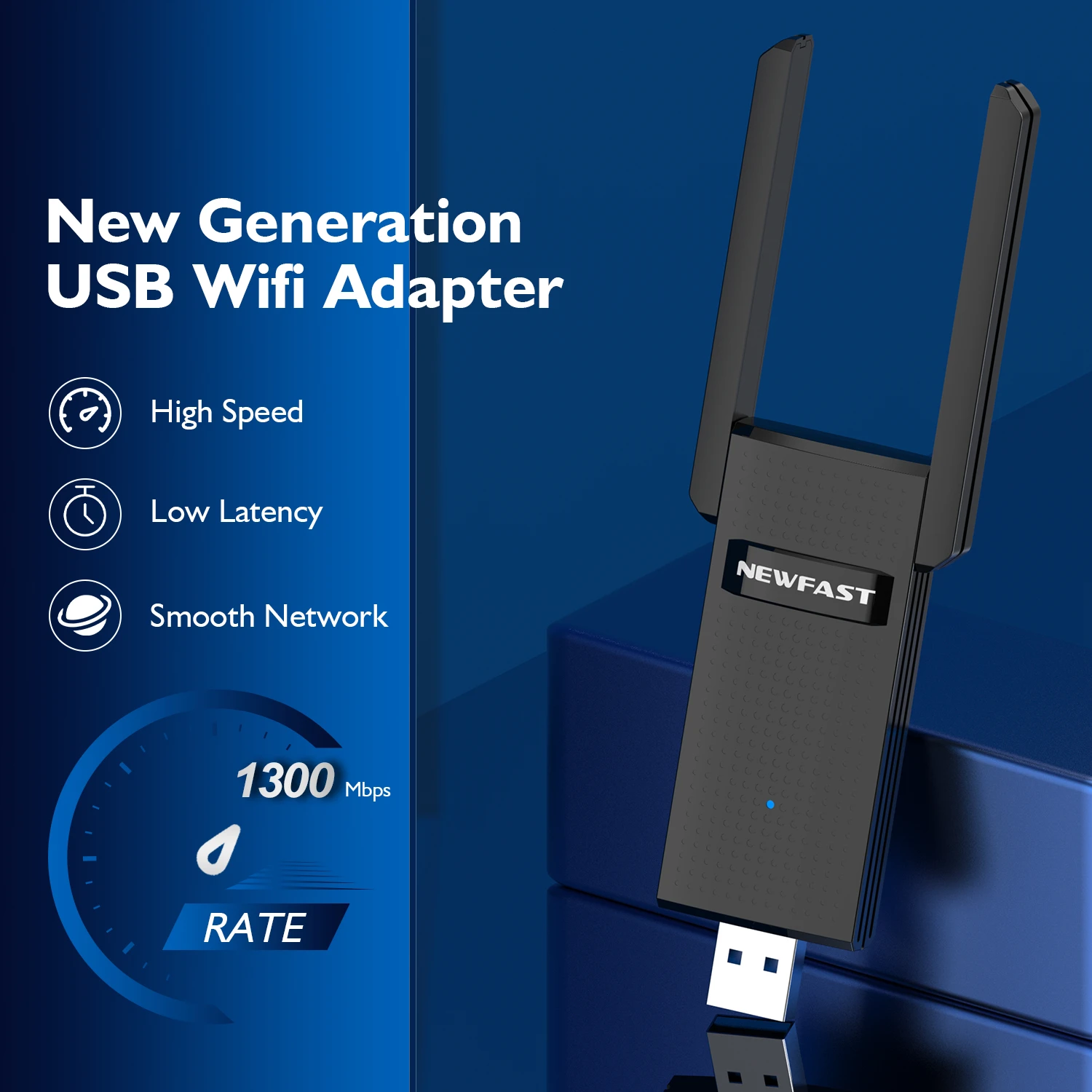 NEWFAST WiFi 5 1300Mbps USB 2.0 Adaptor Dual Band 2.4G/5G Bebas Driver Penerima Nirkabel Dongle Kartu Jaringan Laptop PC Win10/11