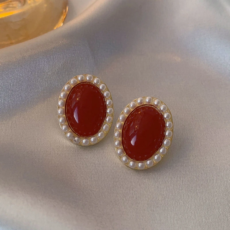 Mode Geometrische Rote Emaille Ohrstecker für Frauen Aussage Vintage Imitation Perlen Ohrringe Licht Luxus Party Schmuck Geschenk – Detail 12