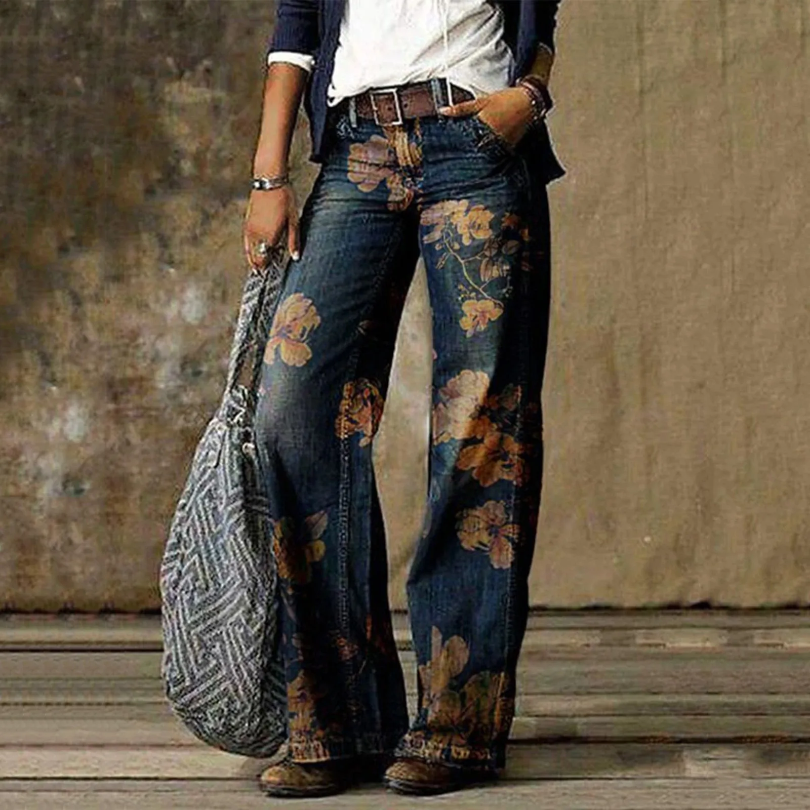 Fashion Women Print Jeans Pants Y2k High Waisted Retro Washed Loose Wide Leg Pants Casual Streetwear Denim Trousers New